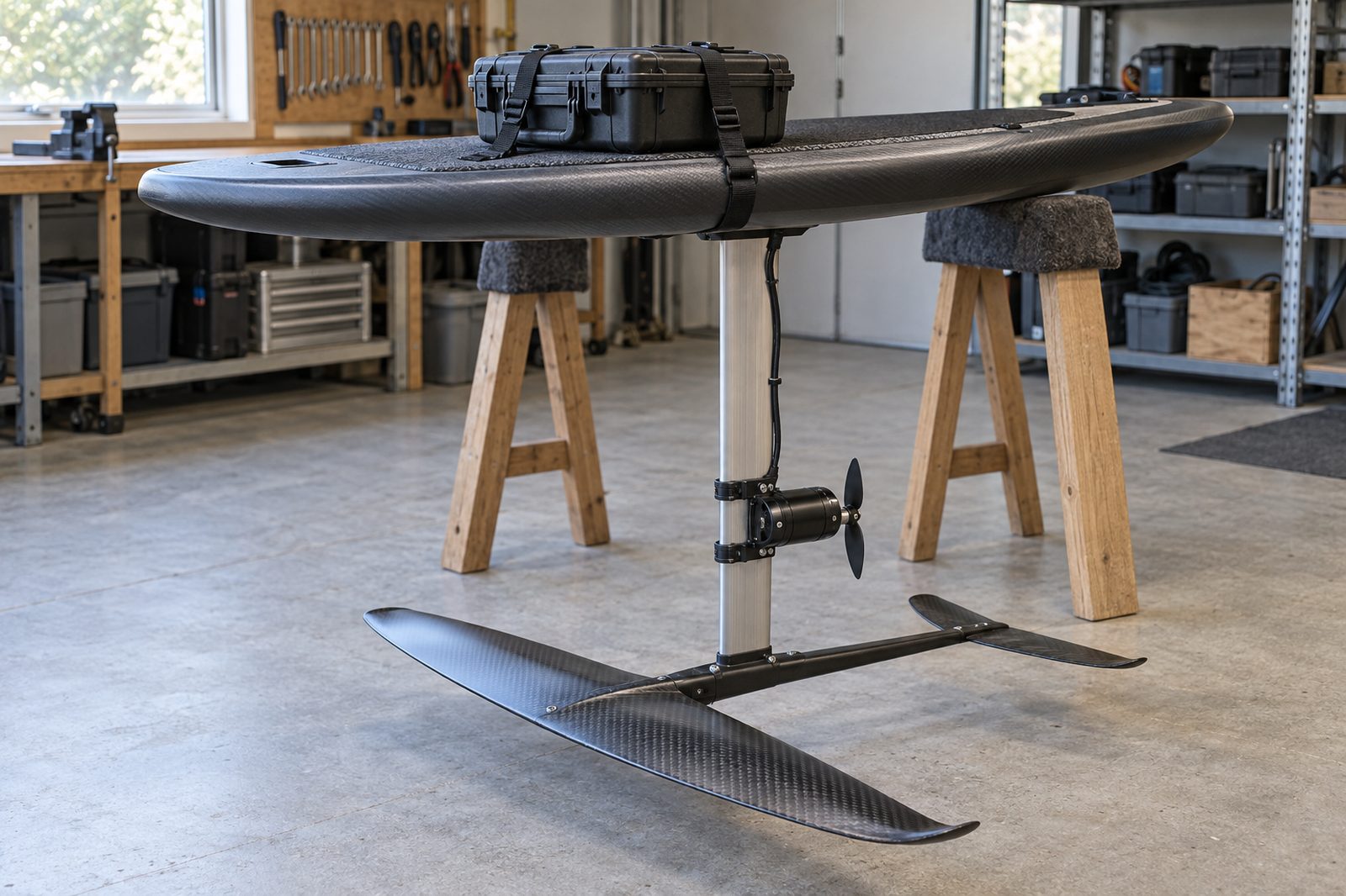 Planche de foil sur tréteaux, boîtier sanglé sur le deck et moteur fixé sur le mât